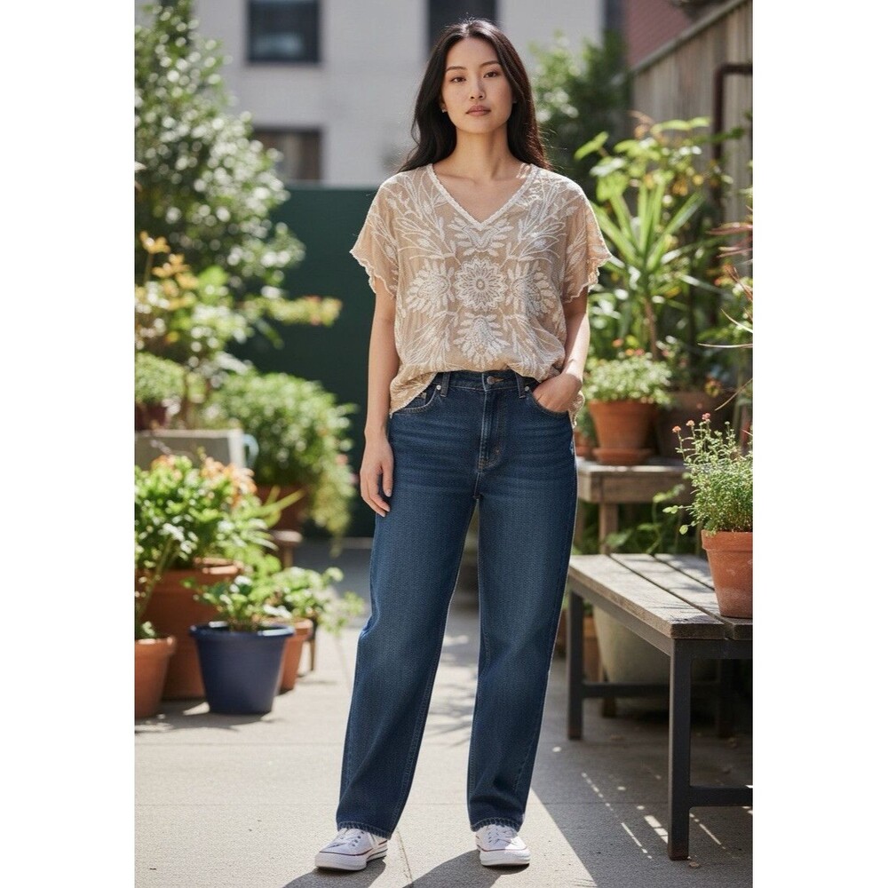 Solitaire Womens L Tan Embroidered Boho Blouse Cream Floral Rayon V Neck